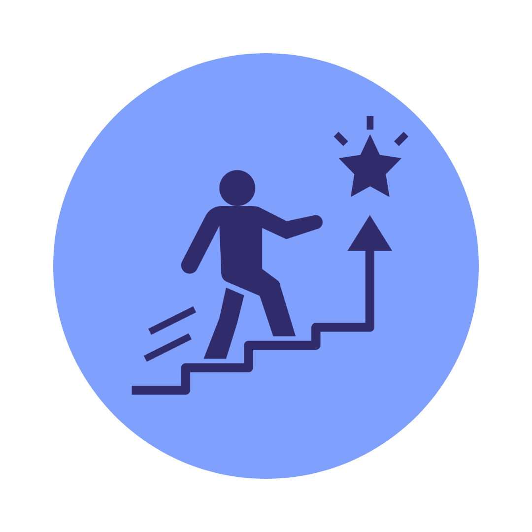 Mensch auf einer Treppe nach oben & Stern am Ende der obersten Stufe
