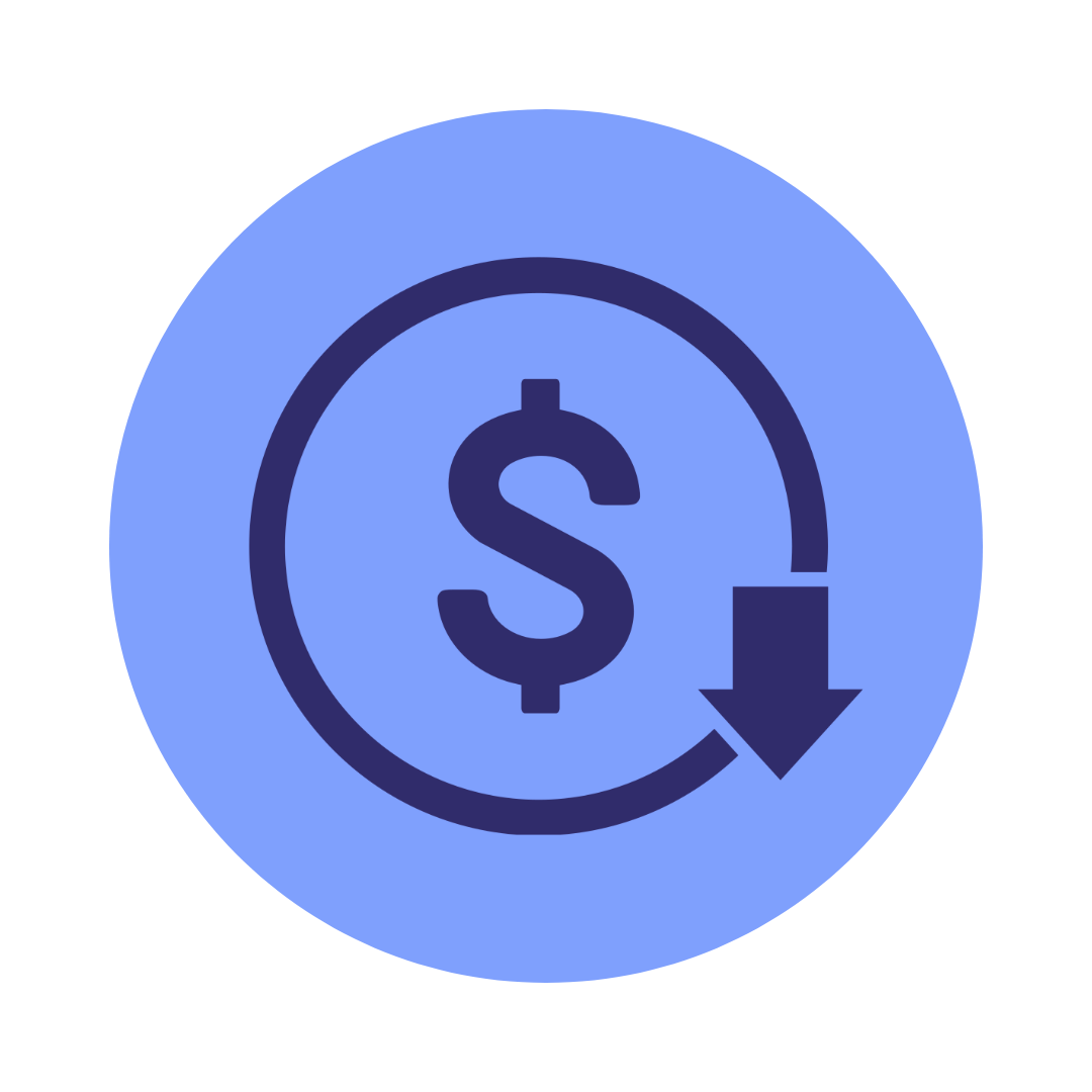 Dollar Zeichen in Kreis mit Pfeil nach unten als Symbol für Kostenreduktion
